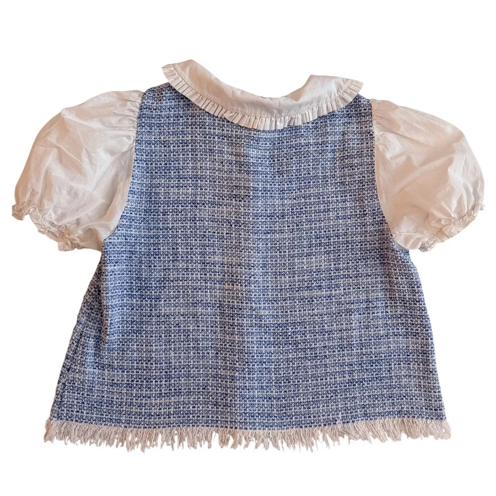 Zara Tweed Top Womens M Blue White Peter Pan Collar Puff Sleeve Fringe Preppy